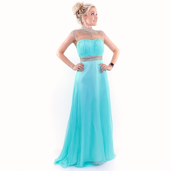 Aqua Chiffon Illusion Evening Gown Prom Dress - Picture 3 of 8
